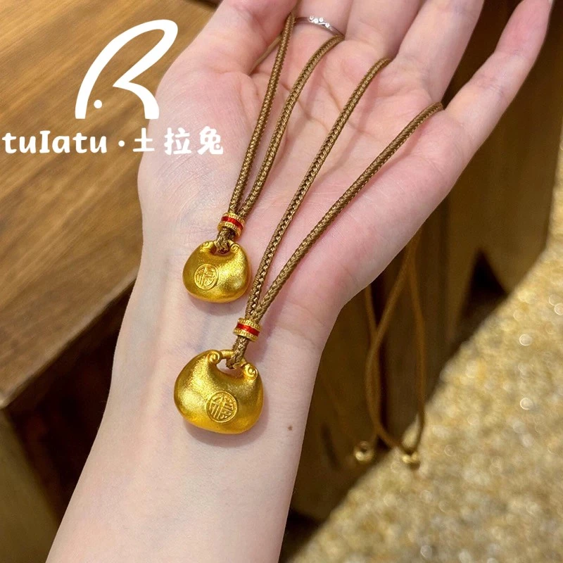 铜合金布艺项链 新中式小胖福项链中式长款福袋吊坠毛衣链锁骨链