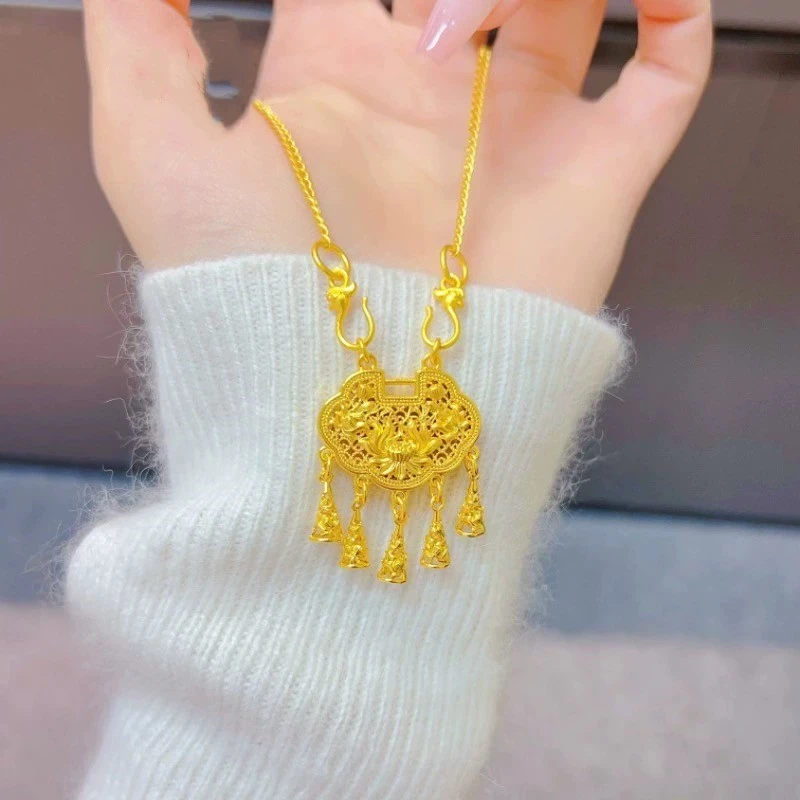 铜合金项链 古法新中式国潮风铃同心莲流苏锁镂空平安锁吊坠坠链