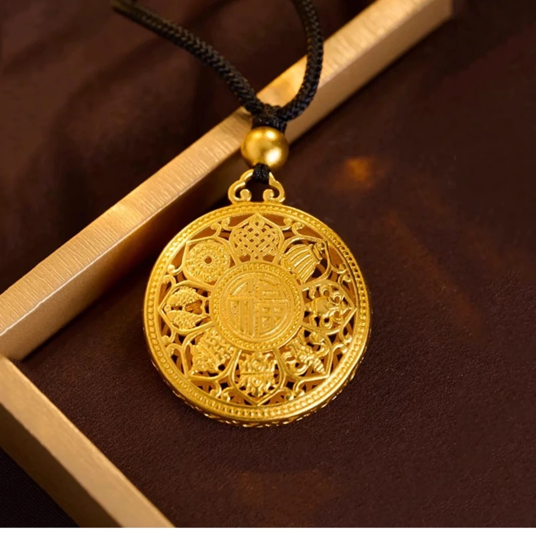 铜合金布艺项链 八宝富贵镂空莲花吊坠福字莲花罗盘吊坠项链双面