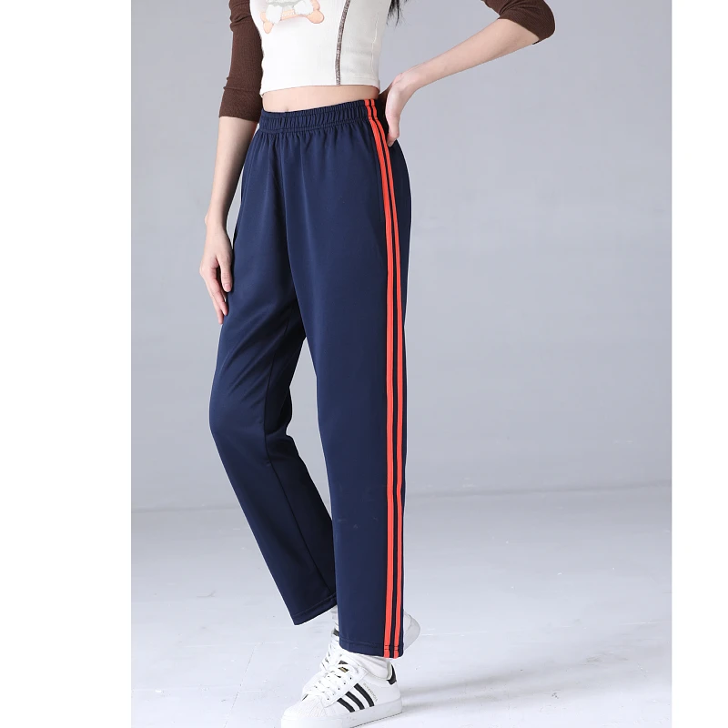 春秋季南韩丝透气款学生日常出行校裤藏蓝色双橙条直筒版型休闲裤