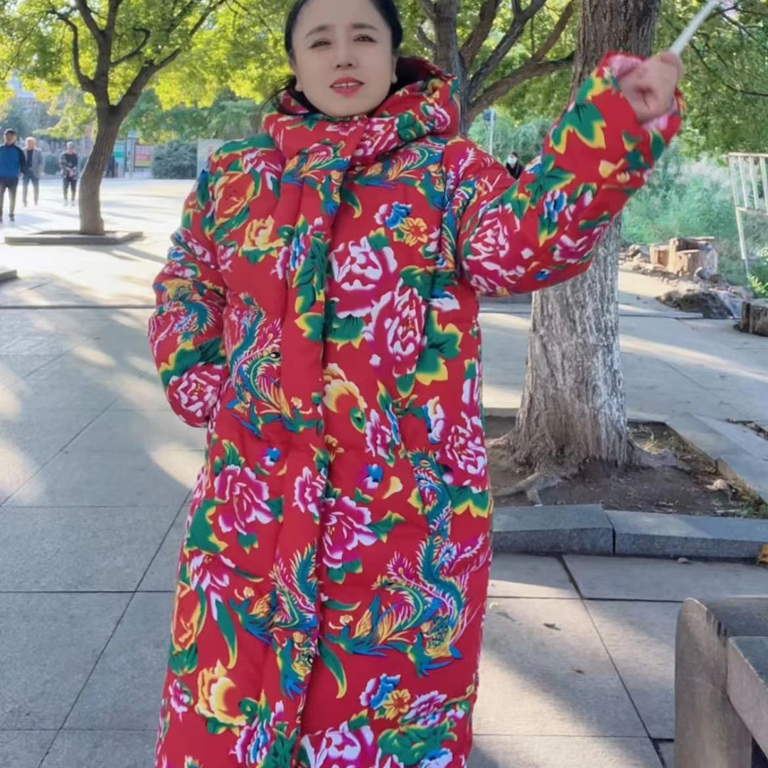 长款棉衣东北大花中国风男女防寒连帽棉袄红色加厚民族风拜年服