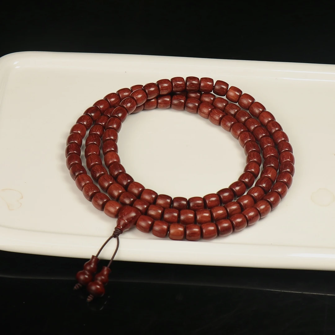 印度小叶紫檀7×8直切珠鸡血红泥料108颗 高油密金星木料檀香紫檀