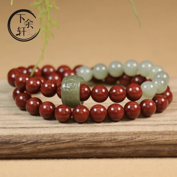 印度小叶紫檀0.8鸡血红泥料双圈搭配和田玉搭配款女款手链串珠