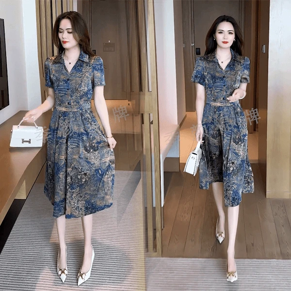 夏季丁达尔穿搭洋气时尚休闲气质印花女装连衣裙