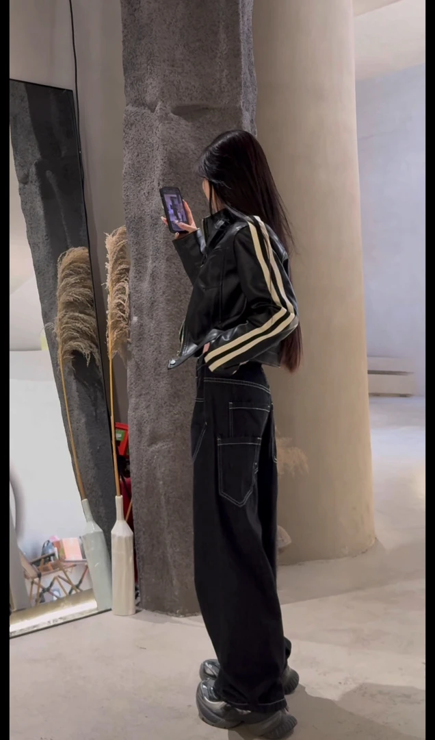 9066短款修身机车夹克复古PU皮质黑色皮衣短外套女