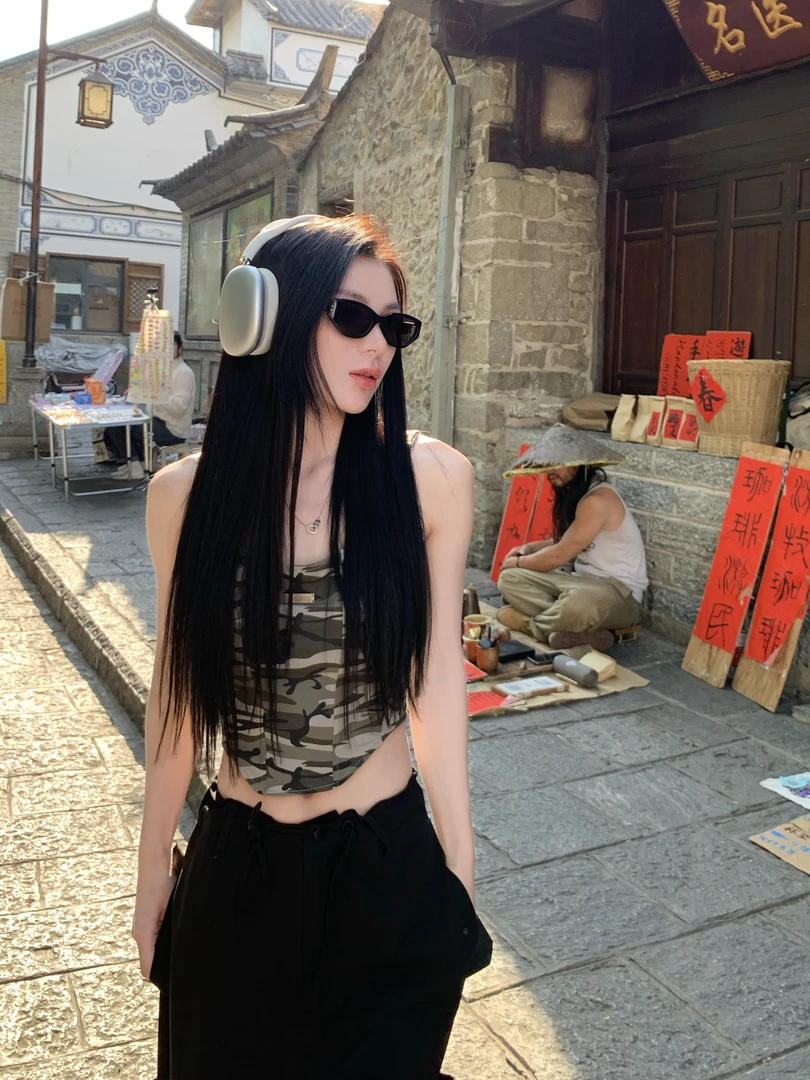 035美式复古迷彩拉链修身辣妹背心显瘦吊带上衣