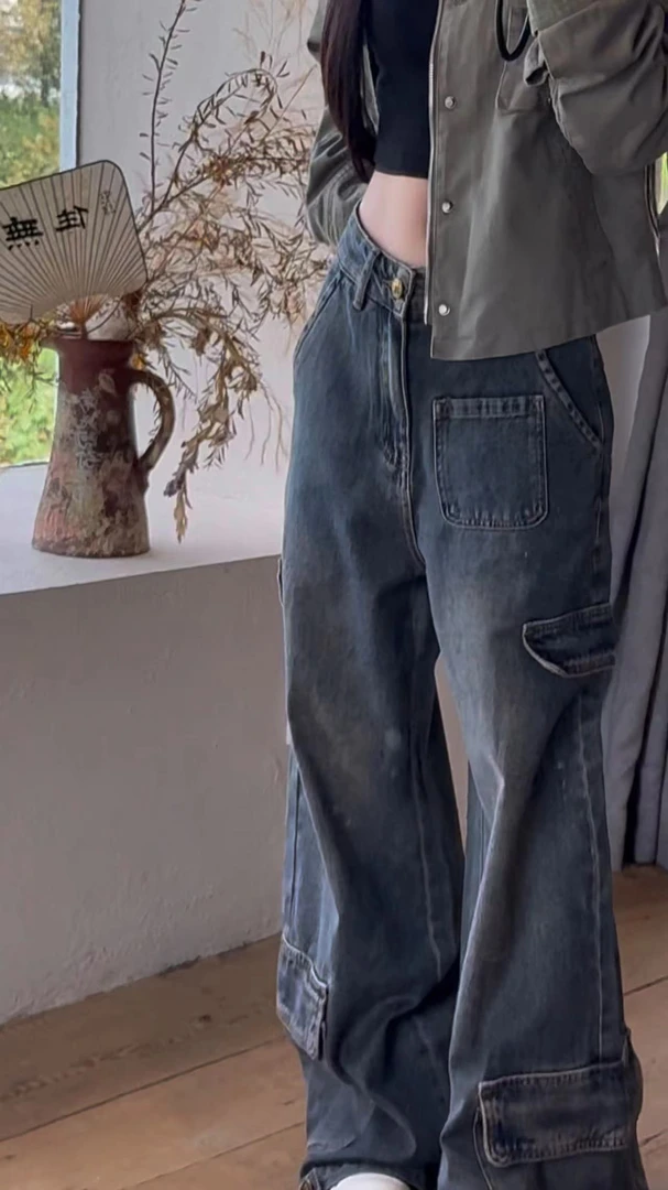 高街多口袋设计感美式工装牛仔裤女秋季新款水洗重工拖地阔腿裤子