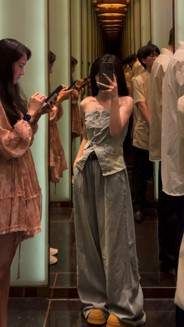 6063夏季新款复古水洗做旧牛仔抹胸上衣直筒阔腿拖地裤两件套装