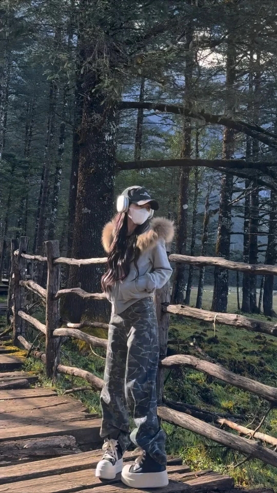 美式复古迷彩裤子女秋冬新款设计感百搭高腰直筒阔腿裤拖地裤m44