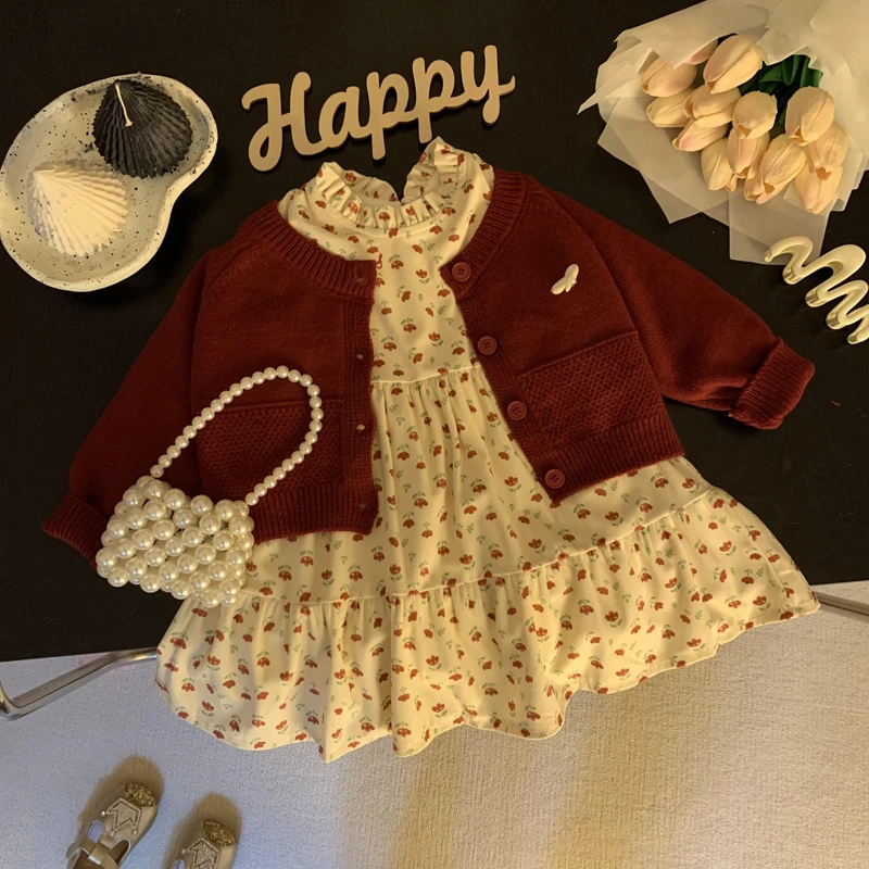 童装女童2024新款秋冬款女宝宝加绒加厚连衣裙两件套小童碎花裙子