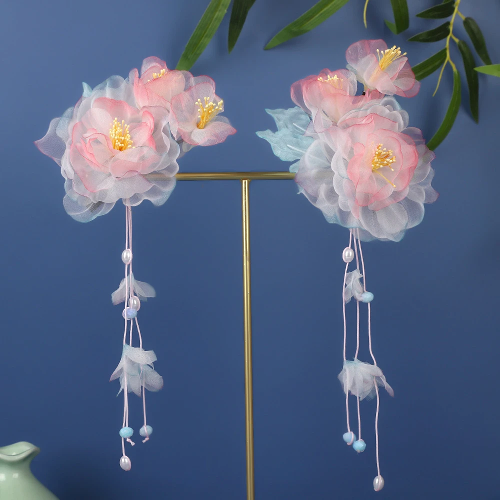 HF2132新款可爱发夹古风设计手工制作粉紫渐变流苏对夹汉服头饰