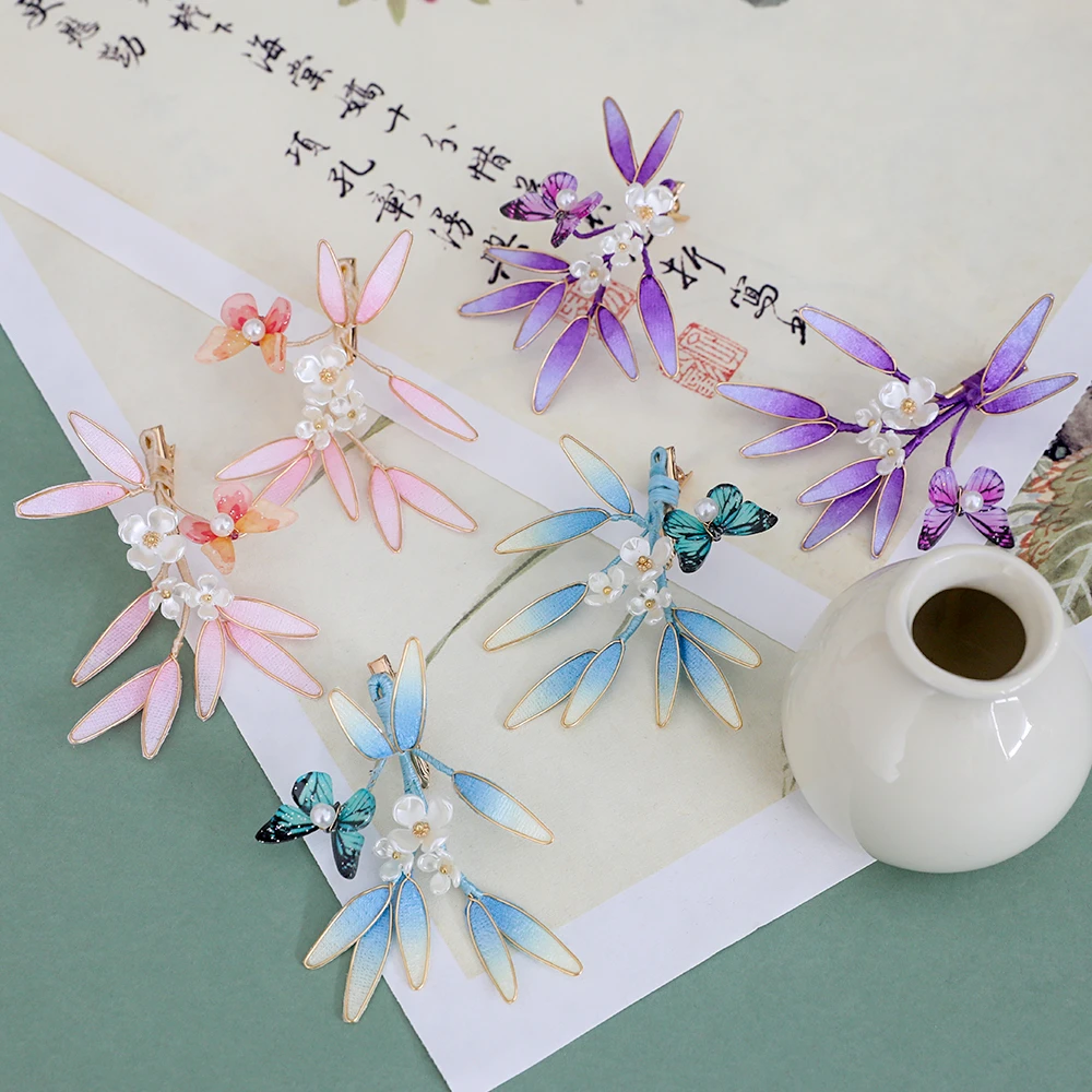 HF1994新款绒布花竹叶汉服头饰发夹配饰