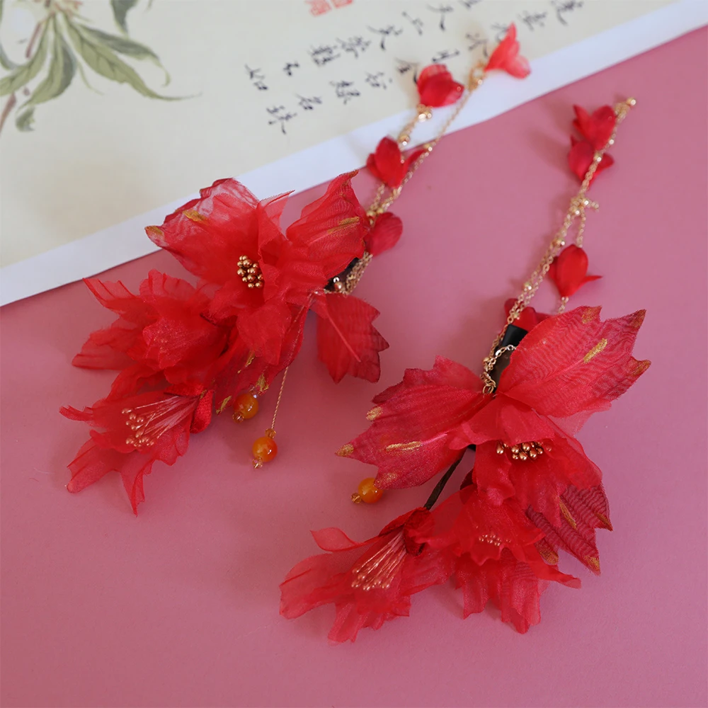 HF2400新款红色花朵流苏对夹汉服头饰配饰