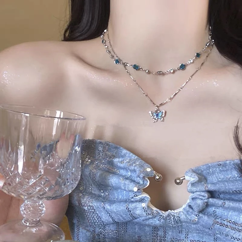 合金仿水晶项链 夏日蓝色双层蝴蝶项链女轻奢高级感叠戴锁骨颈链