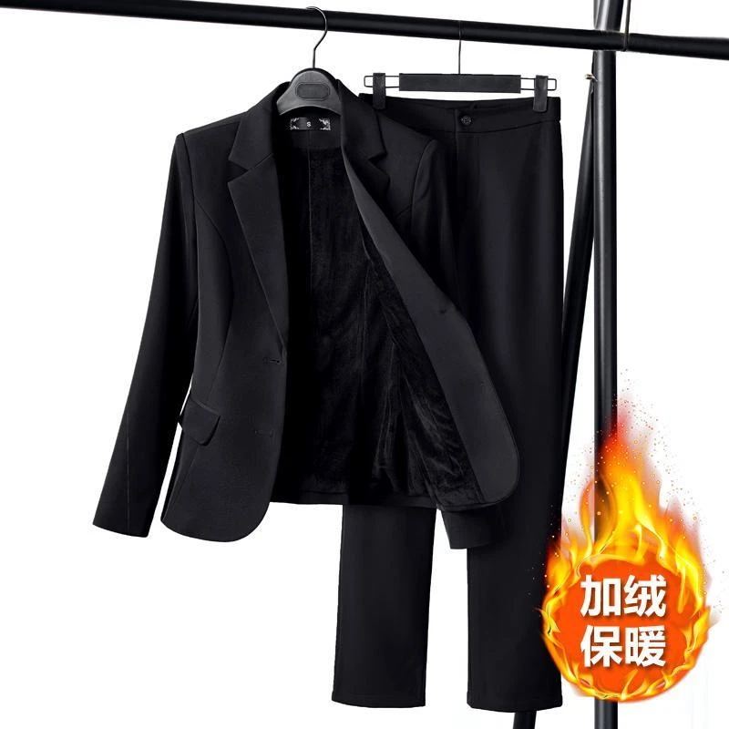 两粒扣加绒加厚西装套装女职业装正装秋冬商务工作服保暖外穿西服