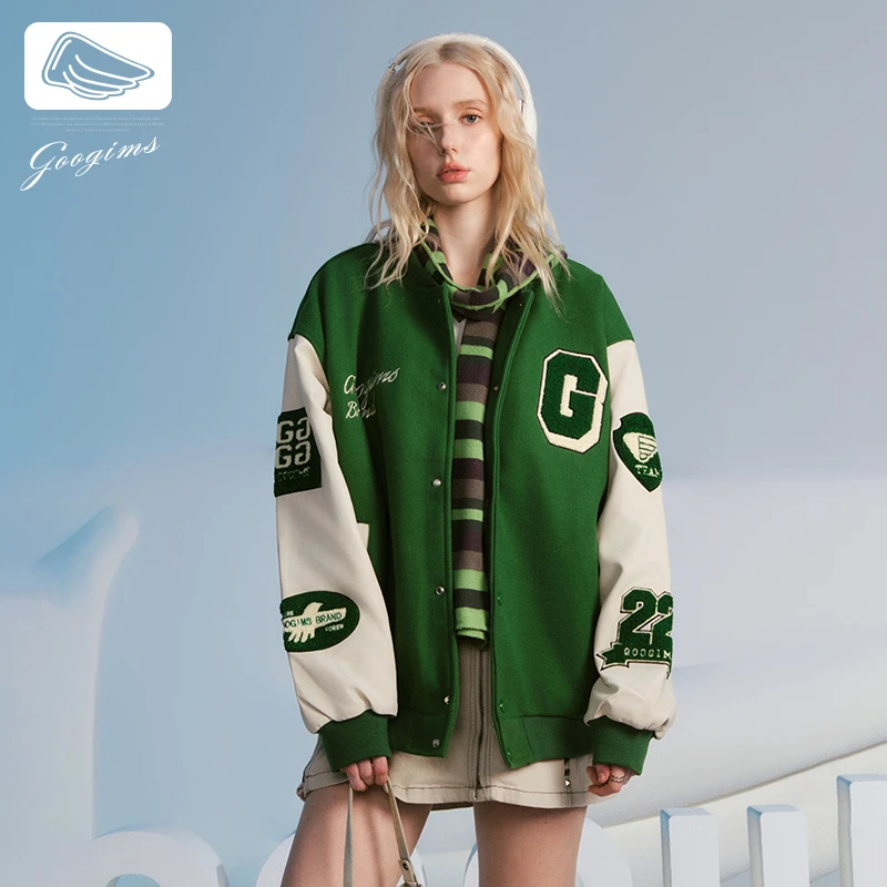 韩国Googims秋冬夹克美式重磅字母情侣款加厚棒球服夹克外套女