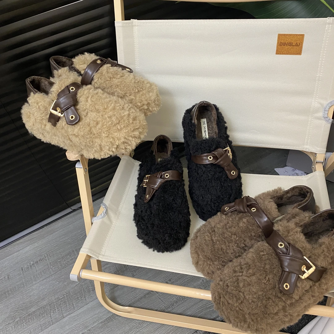 2024冬款皮带金属扣设计全包毛拖女冬外穿时尚潮爆款网红ins棉拖