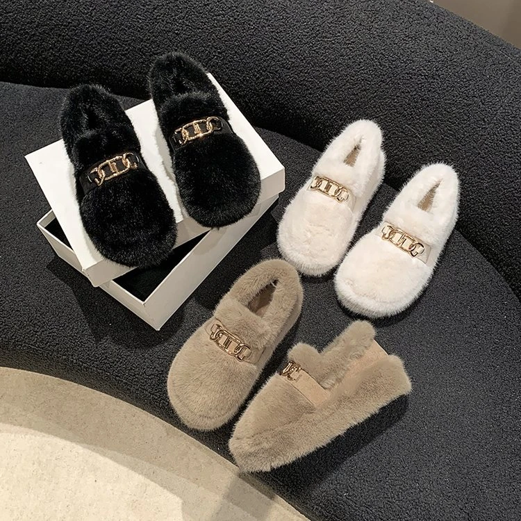 毛毛鞋女外穿2023秋冬新款网红加绒保暖厚底雪地棉鞋一脚蹬豆豆鞋