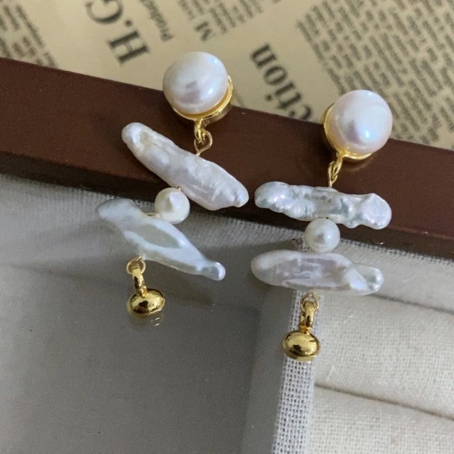 傲雪 铜合金耳饰 法式复古流苏长款高级大自然巴洛克珠珠耳环女