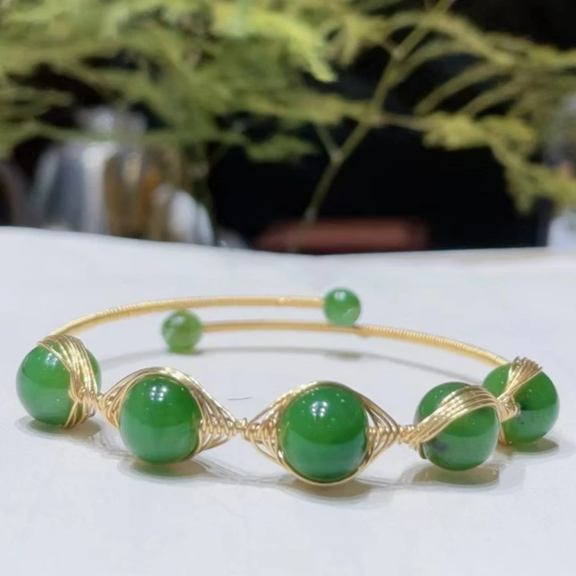 和田玉碧玉手链手工古风编织单圈时尚轻奢绿色精美镶嵌手串可调节