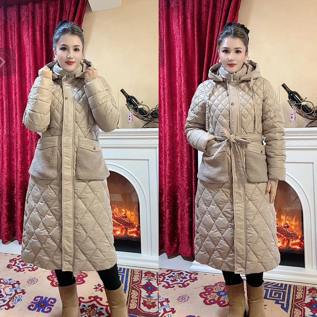 2024新款菱形格口袋收腰长款棉服女装外套时尚百搭包邮