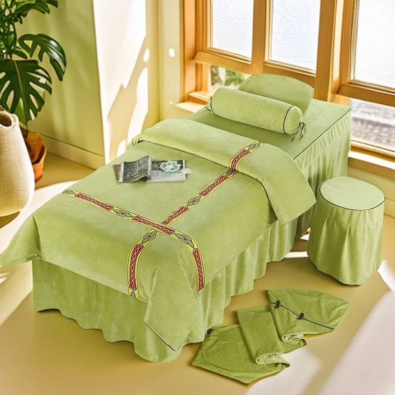 美容床罩四件套超柔加厚纯色水晶绒珊瑚绒秋冬高端按摩推拿床套