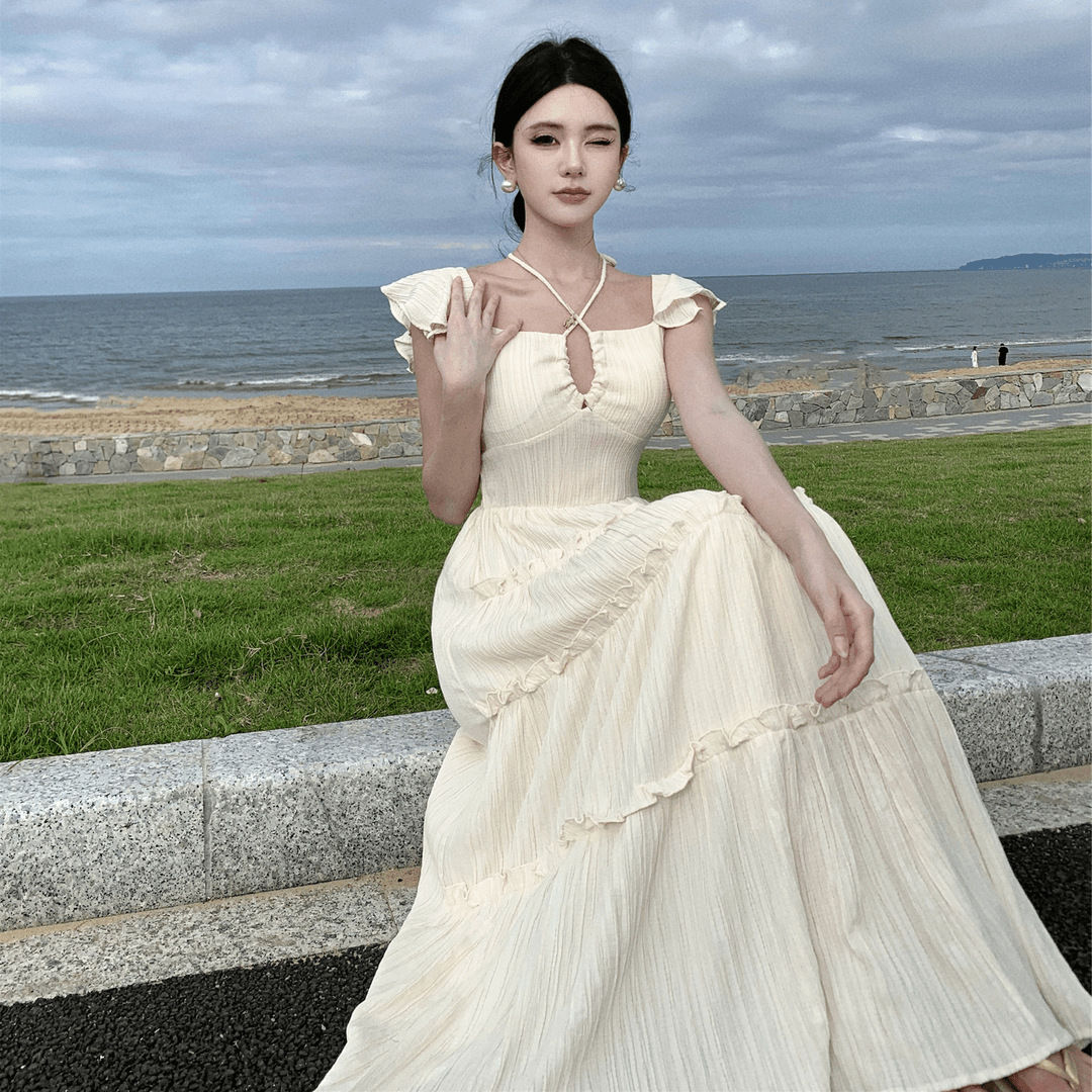 8730初恋裙子高端精致木耳边拼接A字长裙V领系带小飞袖宴会连衣裙