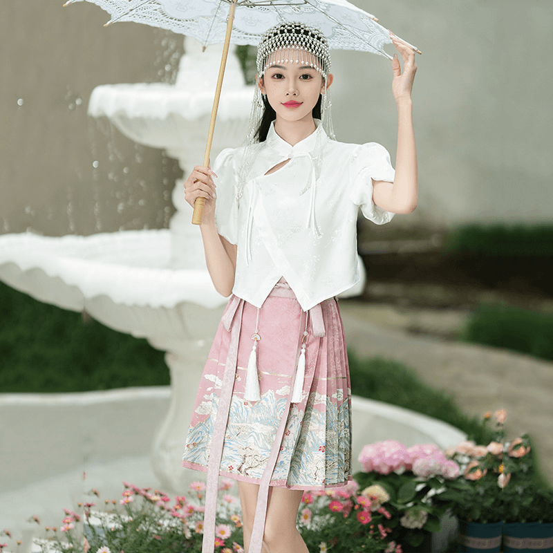 2363新中式少女设计感衬衫短款印花马面裙日常古风汉元素上衣短裙