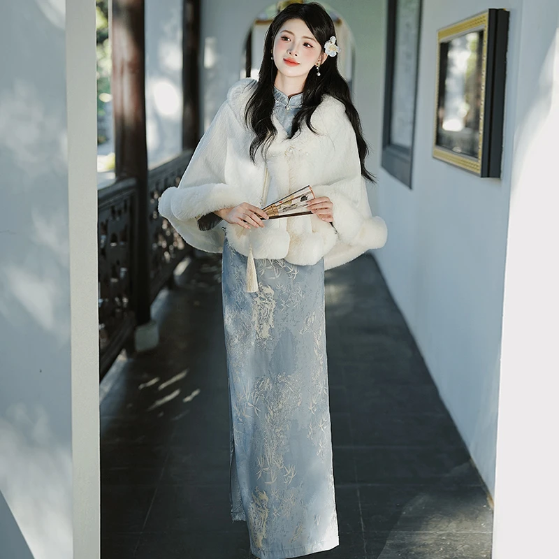 秋冬加绒新中式国风提花改良旗袍连衣裙&加厚斗篷披肩外套7989