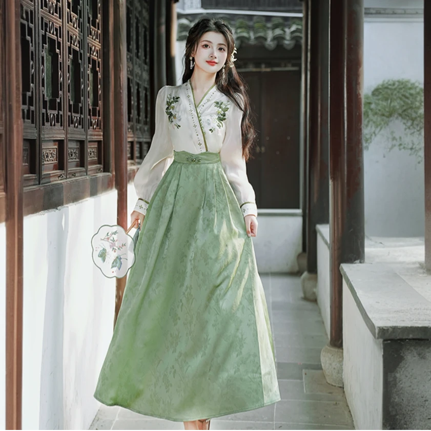 新中式国风套装时尚盘扣衬衫配半身裙两件套文艺复古仙气女装8027