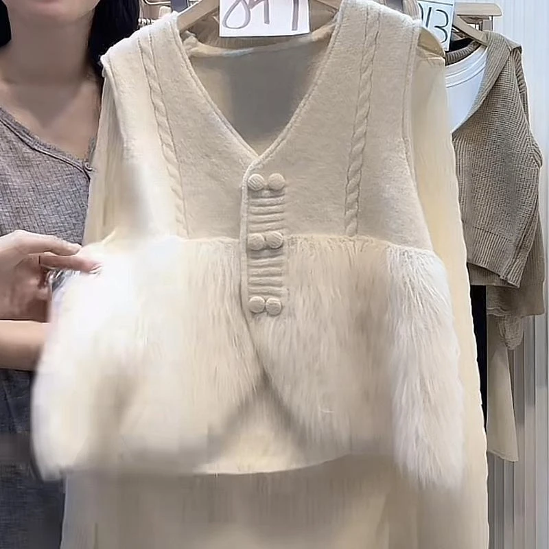 气质洋气时髦无袖V领拼接开衫外套女秋季2023新款针织马甲背心潮