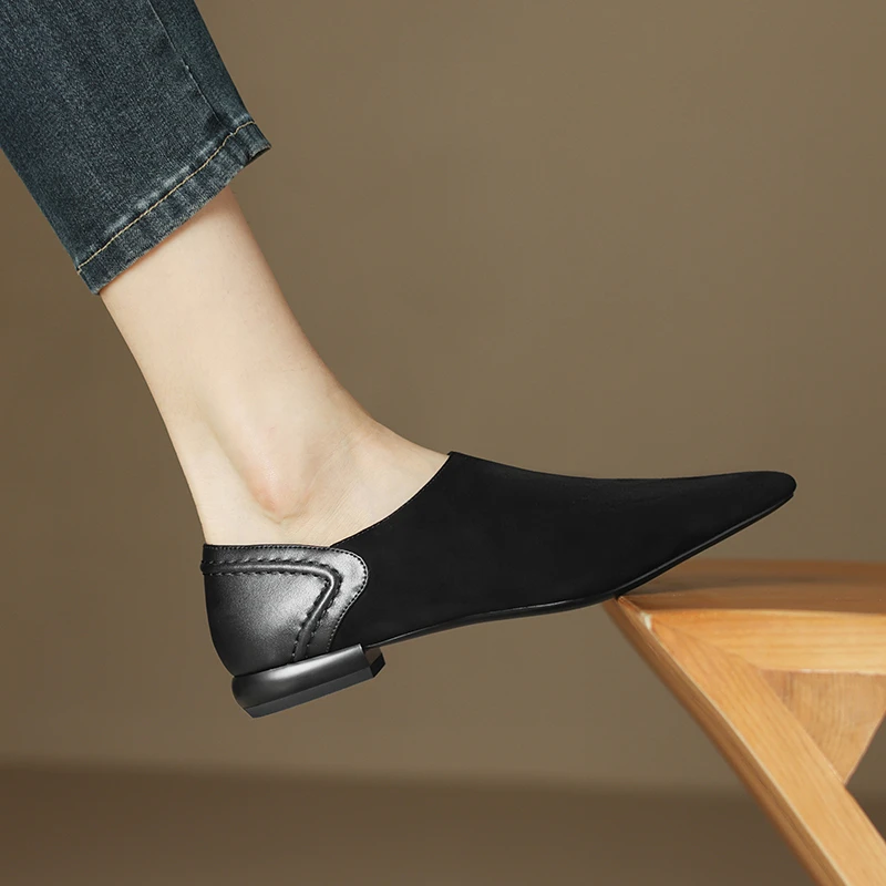 羊皮版真皮时尚深口单鞋女尖头低跟软底千金风黑色复古百搭小皮鞋