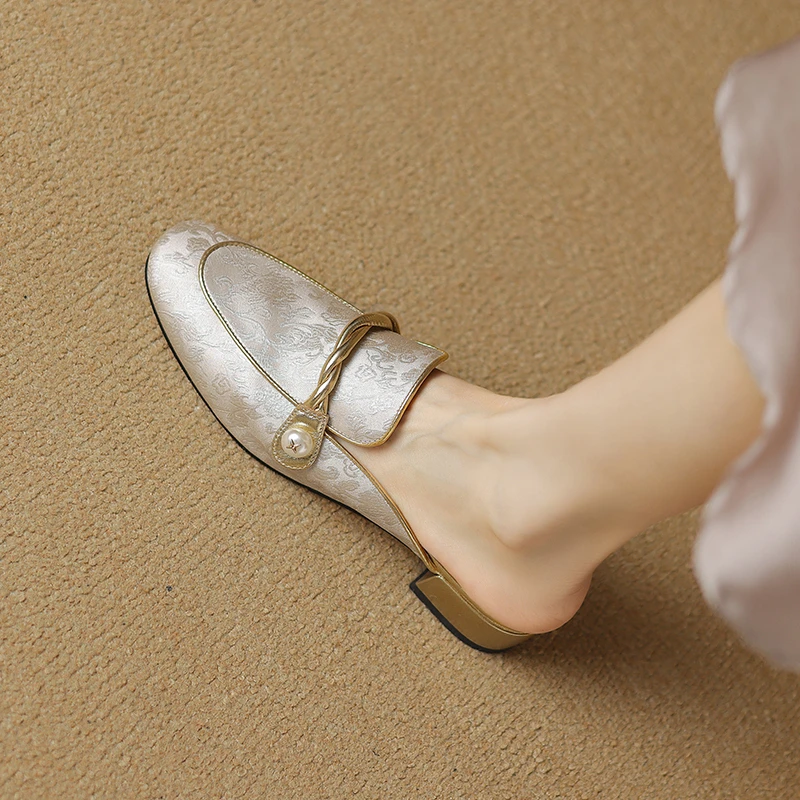 羊皮版真皮包头拖鞋时尚百搭软底粗跟低跟半拖鞋女仙女风夏季外穿