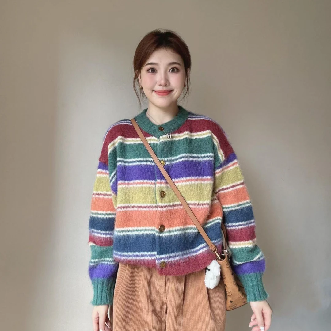 日系复古彩虹撞色条纹毛衣女春秋外穿宽松慵懒风开衫针织上衣套装