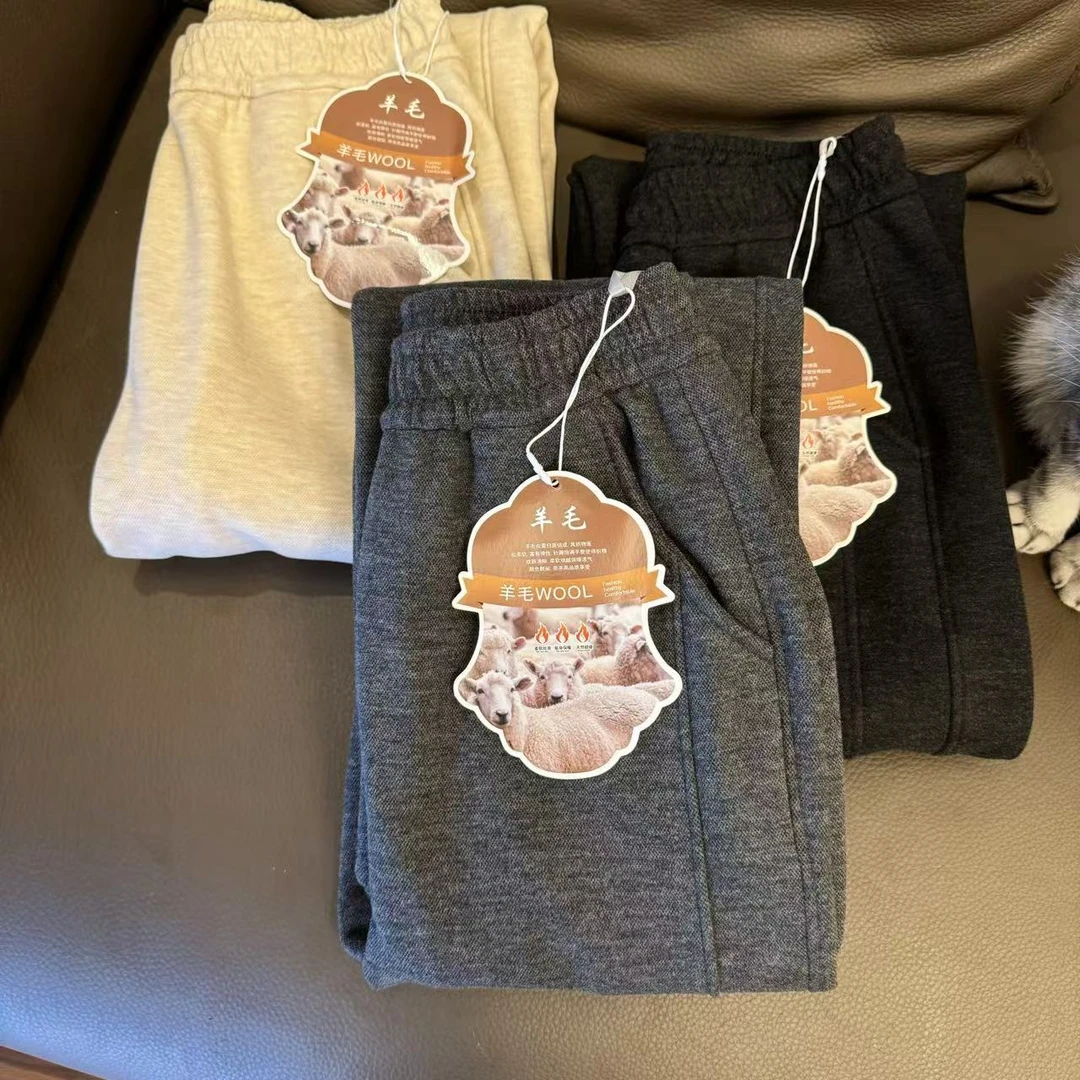 喜樂    2024羊毛蚕丝防风直筒休闲裤松紧腰加绒加厚小版百搭女士