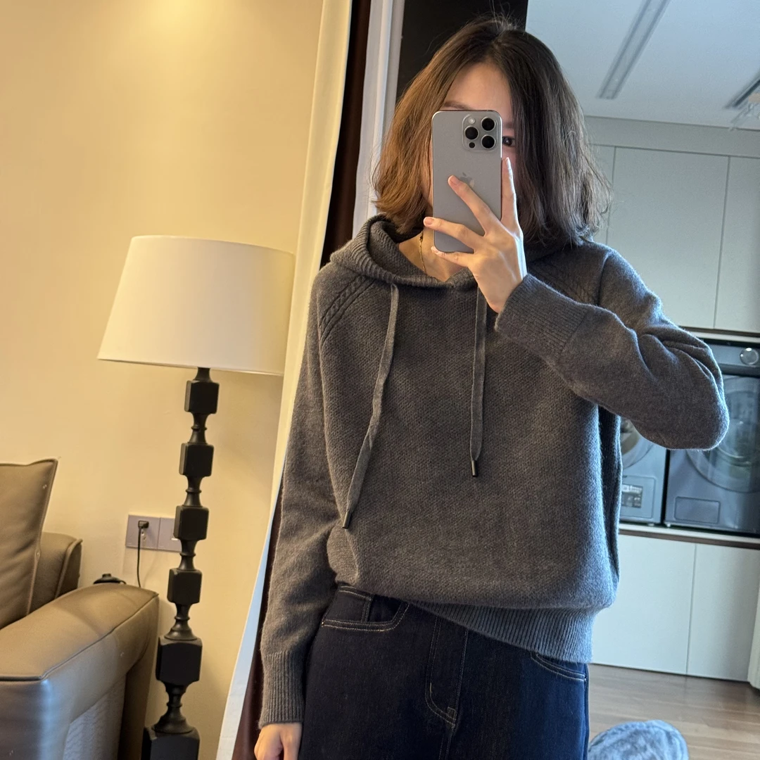 喜樂    2024连帽纯色针织衫冬季新款时尚百搭休闲套头保暖女上衣