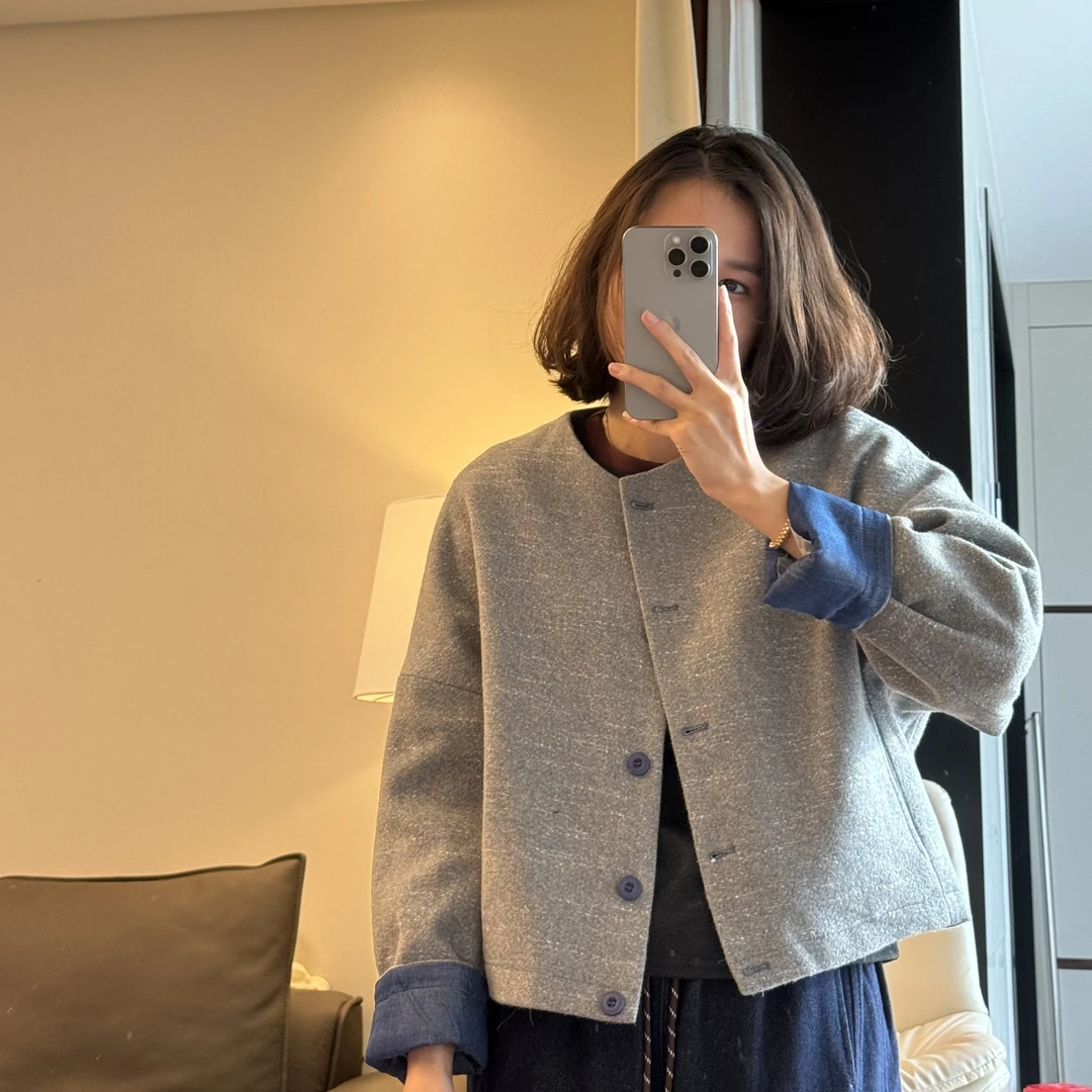喜樂 2024圆领毛呢外套冬季新款时尚百搭撞色休闲气质女士上衣