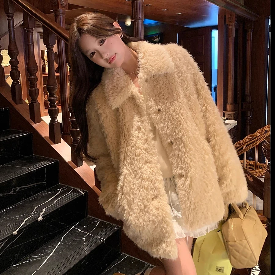 海宁环保羊羔绒毛毛外套女秋冬季翻领宽松皮毛一体加厚毛茸茸上衣