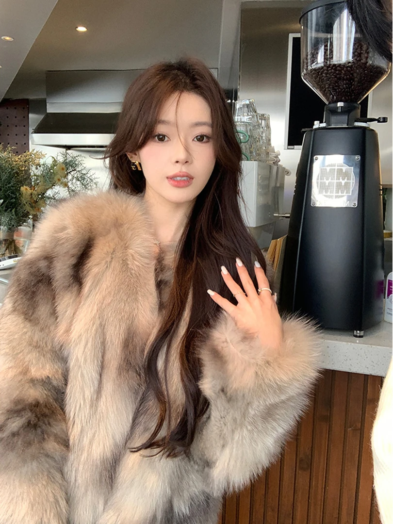 龙纹环保狐狸毛仿皮草外套女秋冬V领宽松短款加厚保暖毛茸茸上衣