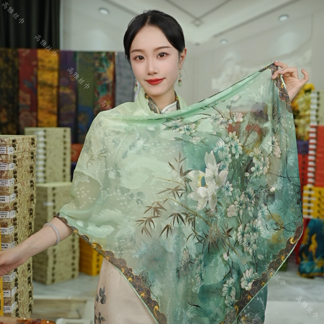 K(白扣) 【竹林荷花】新中式剪花高定国风丝巾 70×180左右（xys-196）