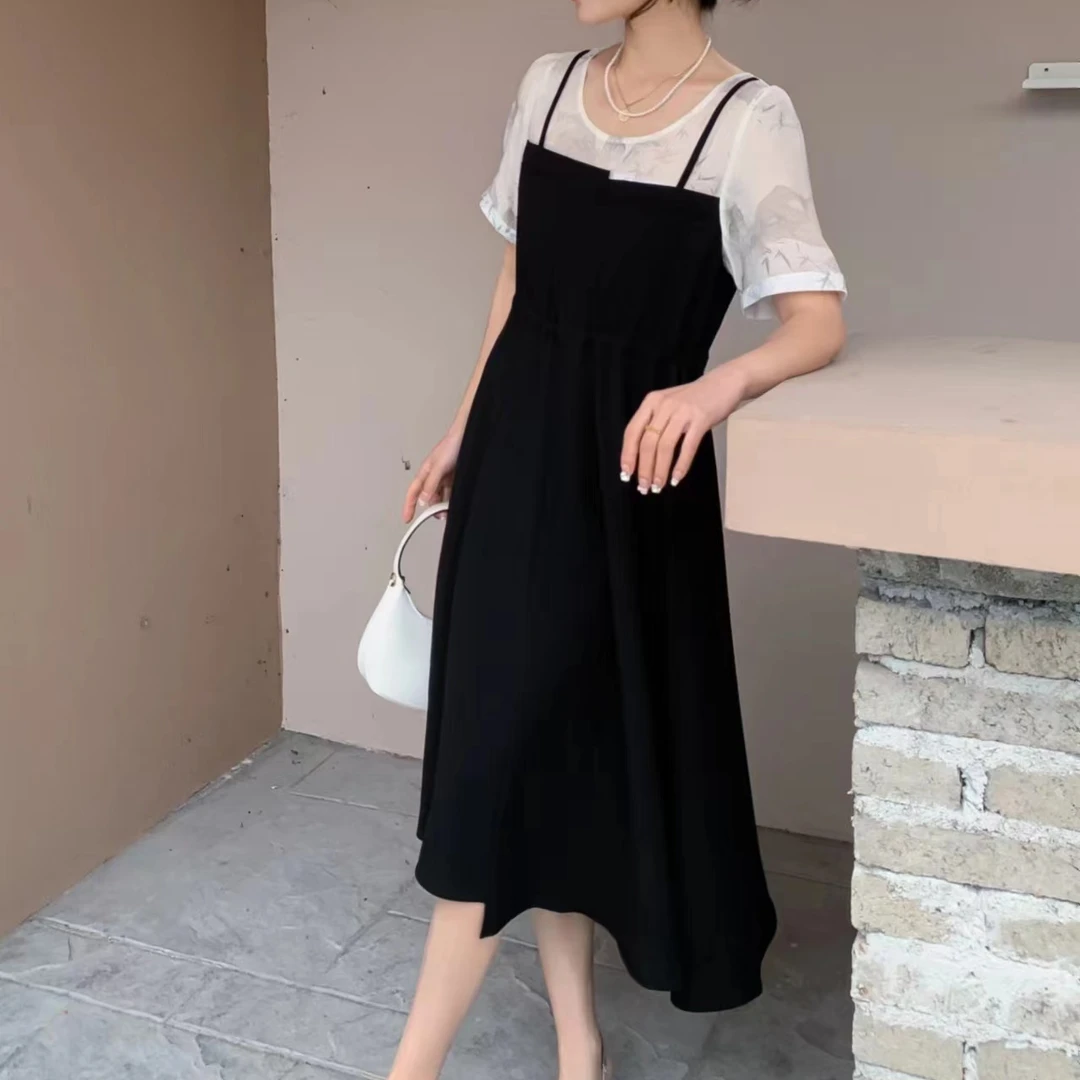 【亚麻水墨拼接裙】显瘦气质百搭夏季时尚连衣裙-苋 15261(929)
