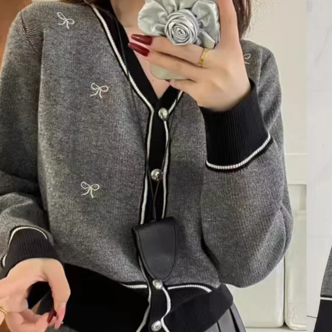 【韩系高级感】刺绣蝴蝶软糯诺百搭显瘦短款针织衫-苋  16084-