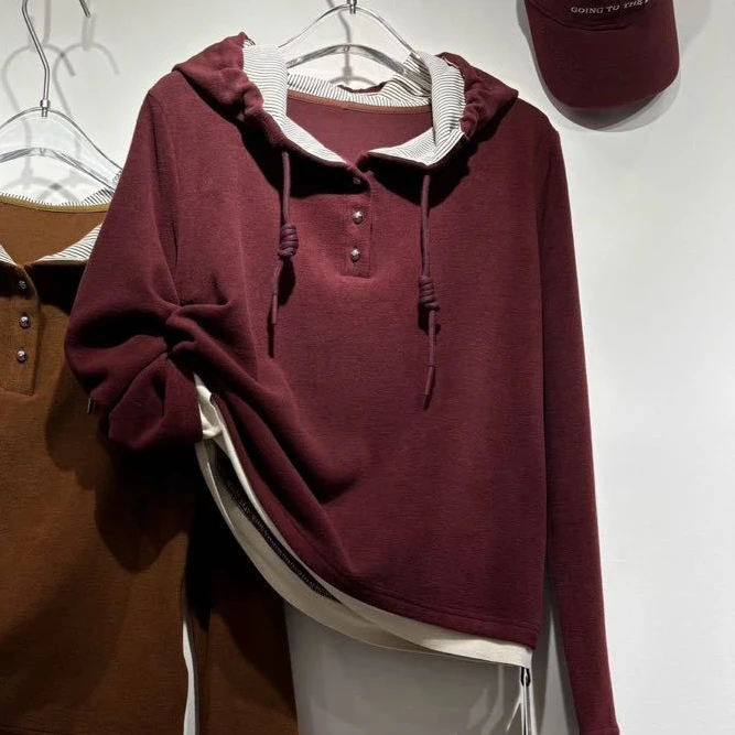 【假两件连帽上衣】软糯糯百搭显瘦软糯卫衣-苋 16255(5095)