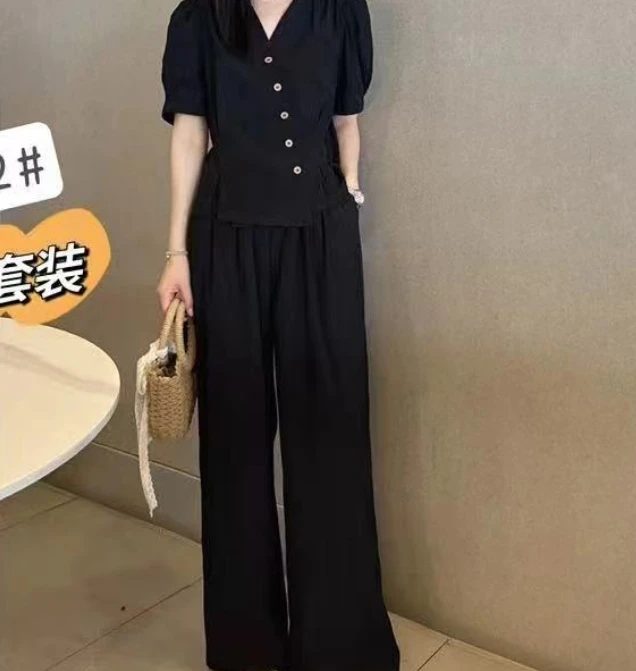 【高级感满满】清凉慵懒搭显瘦V领小衫拖地裤套装-苋 15123(58082)
