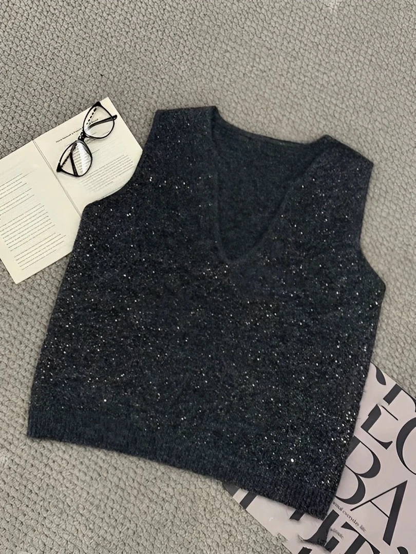 【欧货高级感满满】针织外穿无袖V领亮片马甲  16275-
