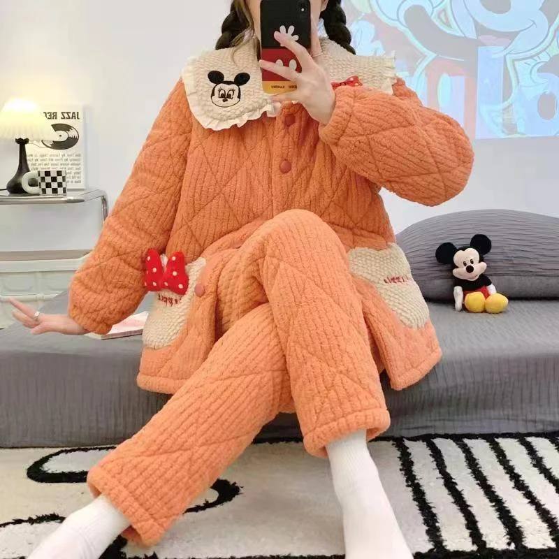 三层夹棉厚睡衣女珊瑚绒法兰绒2024南极绒可爱卡通新款家居服套装