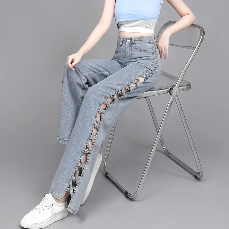 春夏风镂空直筒垂感牛仔裤时尚夏日高腰牛仔长裤百搭显瘦辣妹阔腿