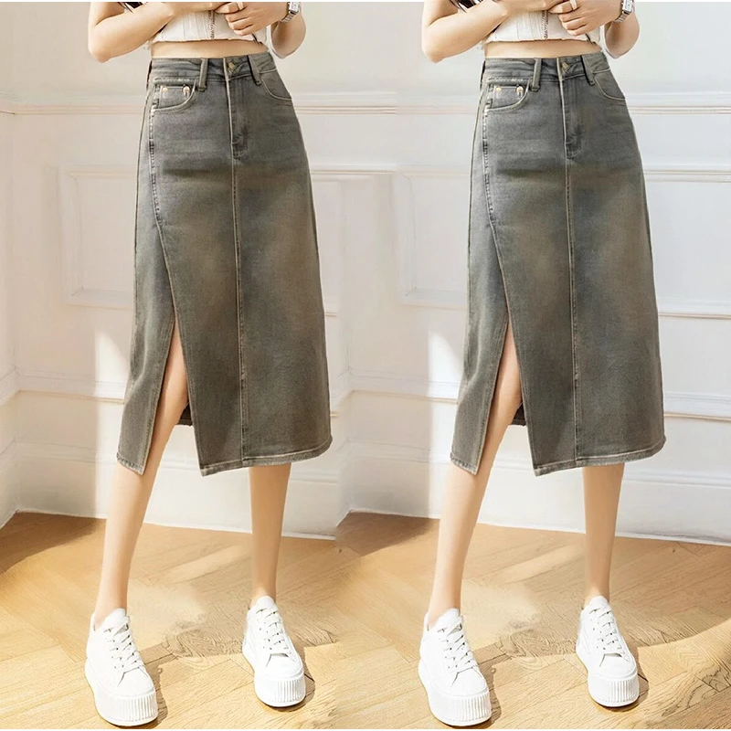 显瘦半身裙2025年早秋新款高腰浅色水洗牛仔女开叉a字牛仔包臀裙