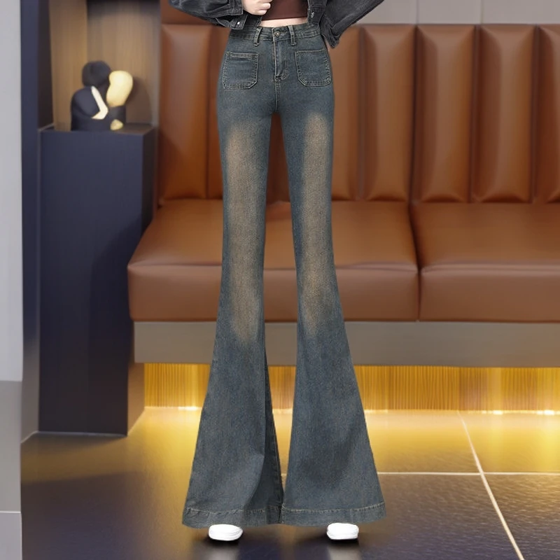 小个子修身显瘦喇叭长裤2025新款复古辣妹时髦炸街大喇叭牛仔裤女