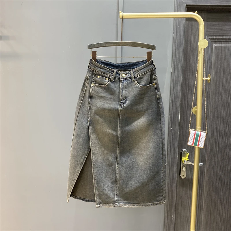 开叉牛仔半身裙女中长款2025春秋新款欧货复古显瘦百搭高腰A字裙